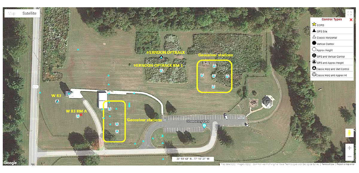 Annotated NGS Data Explorer Map showing some of the survey mark positions at Turner Farm Observatory Park